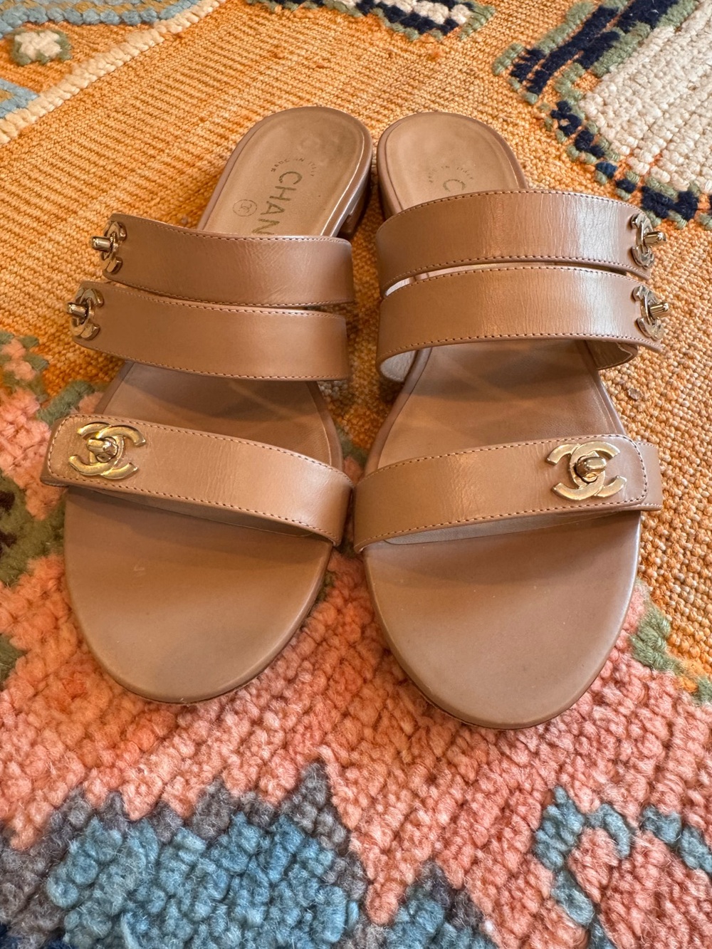 CHANEL Tan Leather Double-Strap Slide Sandals with Gold CC Accents